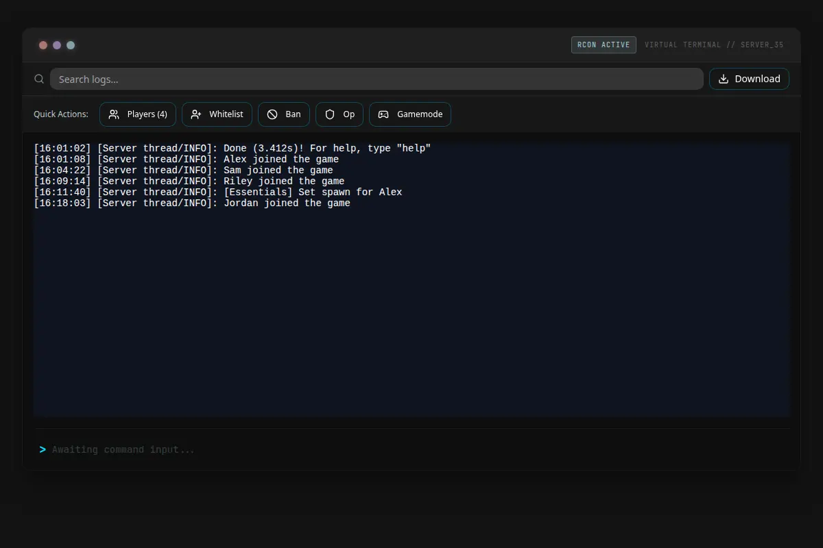 BrontoPanel server console for a running Minecraft server, with RCON active, log search, and a command line