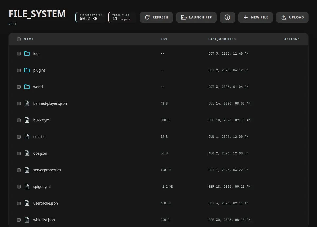 File manager listing plugins, world, logs, server.properties, and other server files