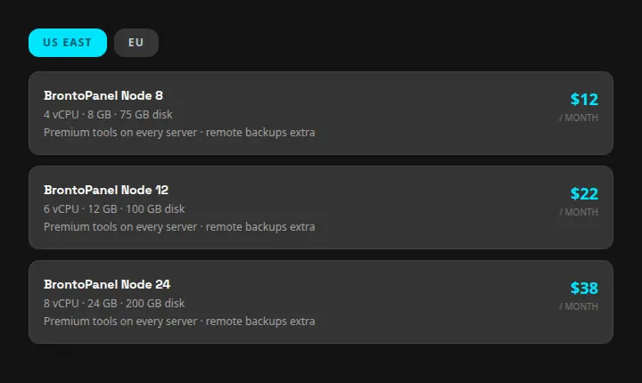Rent a BrontoPanel node in US East, choosing Node 8, Node 12, or Node 24