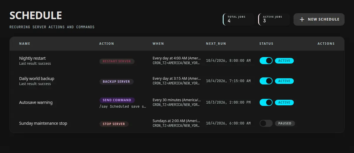 Server schedules for a nightly restart, a daily world backup, a timed command, and a paused stop